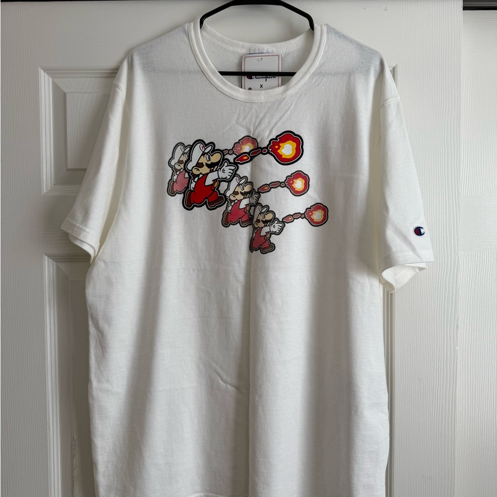 Super Mario Bros & Champion White Tee with Fireball Graphic